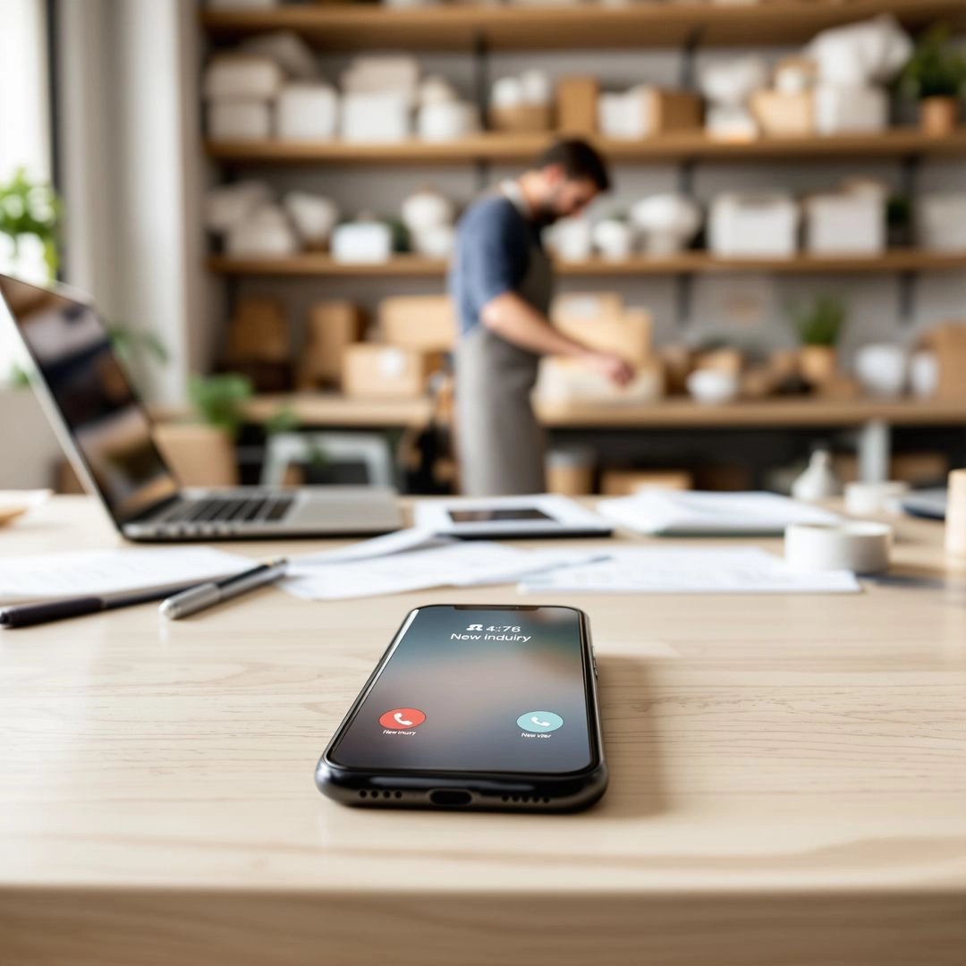 Phone ringing on a desk with business owner in background