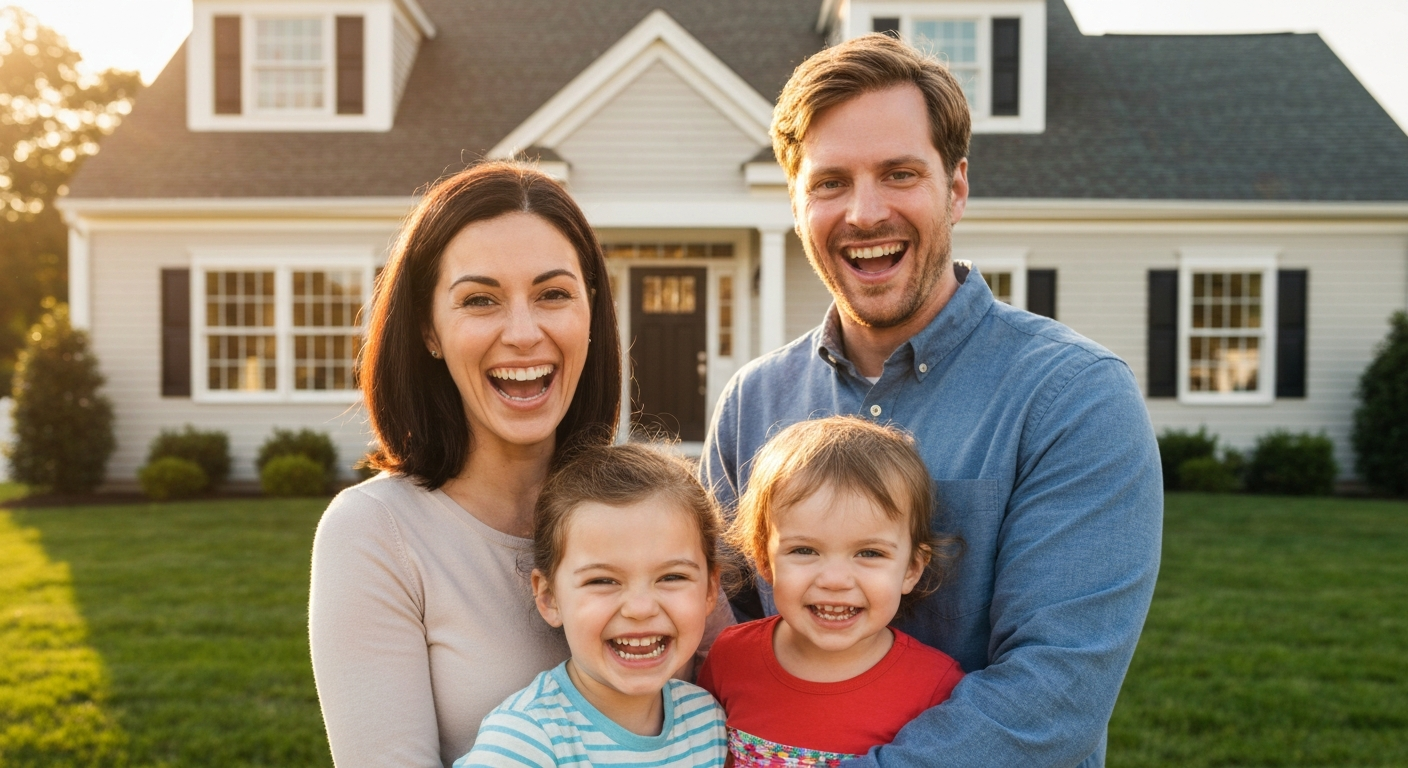 Happy family in front of their home