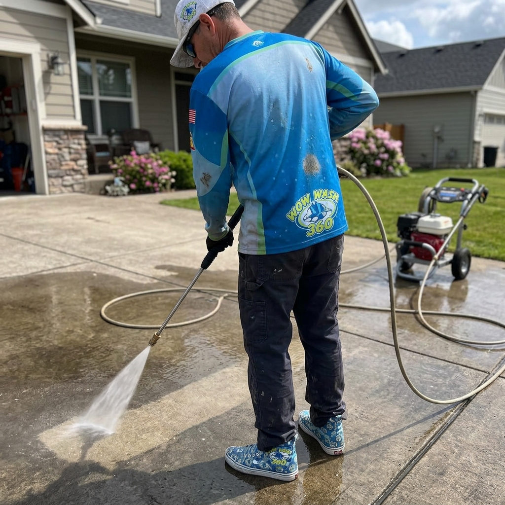Worker pressure washing driveway