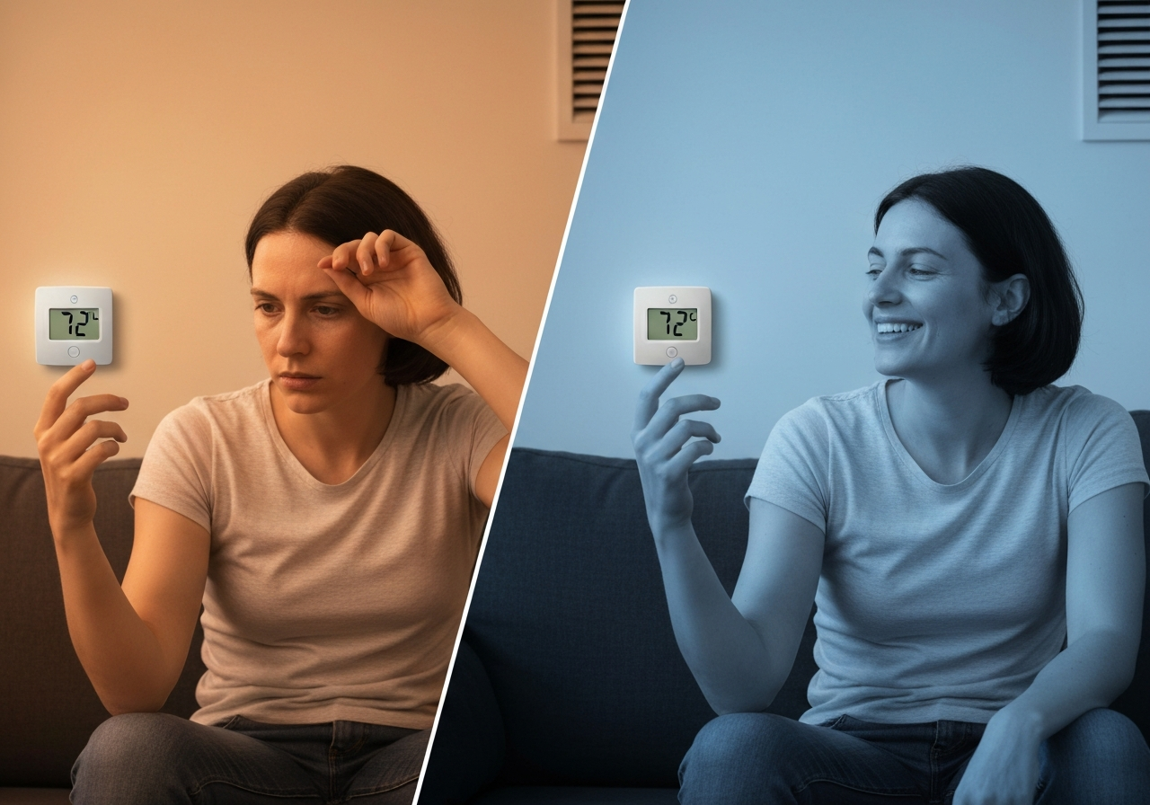 Happy family in a cool living room with thermostat at 72 degrees – before and after comfort.
