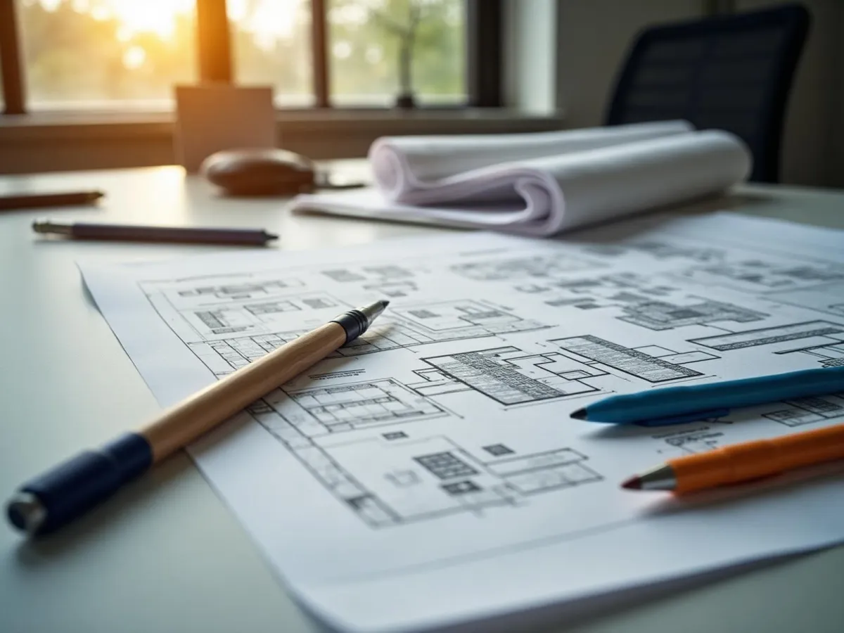 Architectural drafting process with pen and blueprints