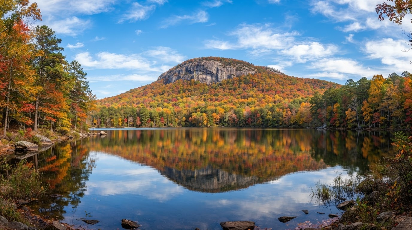 Table Rock Mountain with vibrant fall foliage in Upstate South Carolina