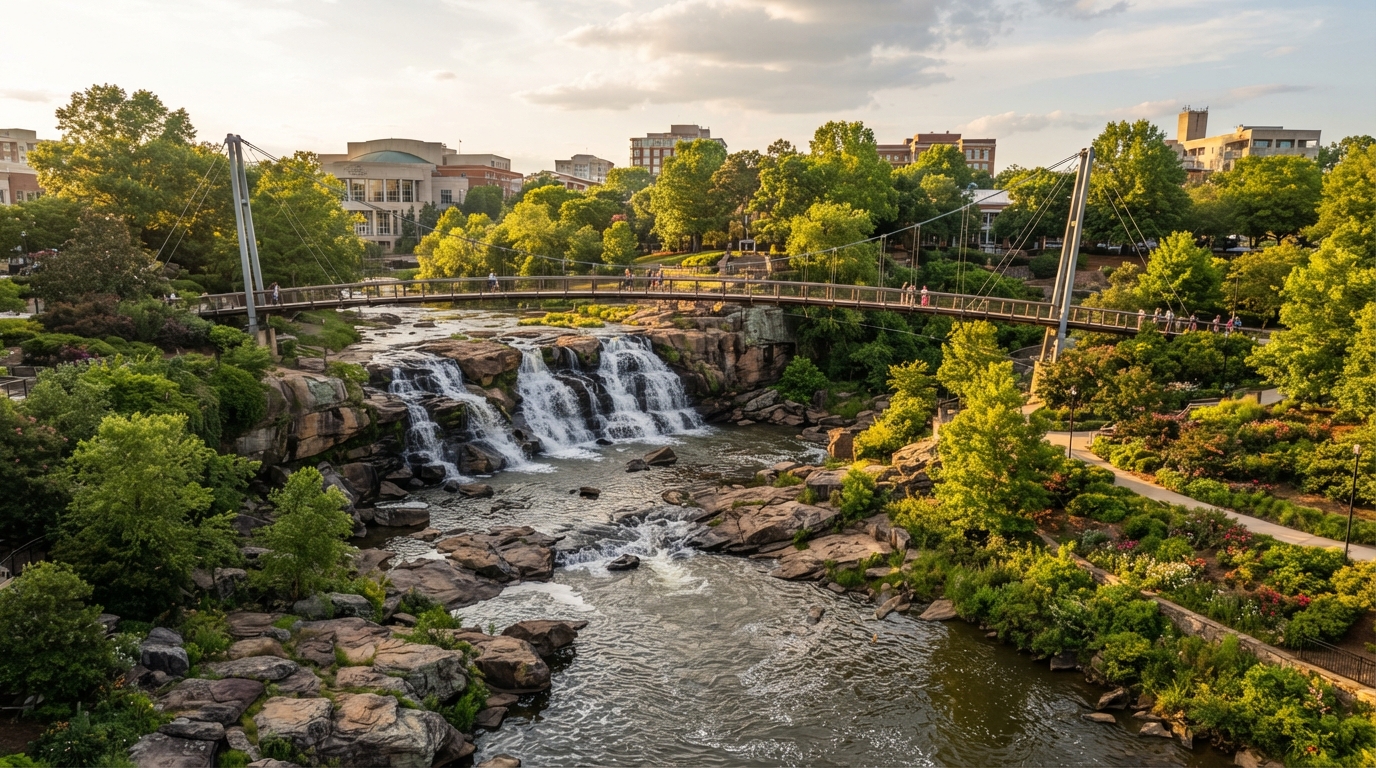 Falls Park on the Reedy in downtown Greenville, SC — the Liberty Bridge spanning the waterfall
