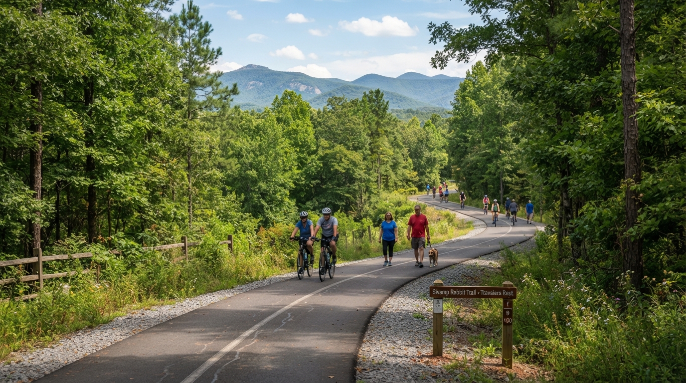 Swamp Rabbit Trail in Travelers Rest, SC — paved recreational trail with Blue Ridge Mountains in the distance
