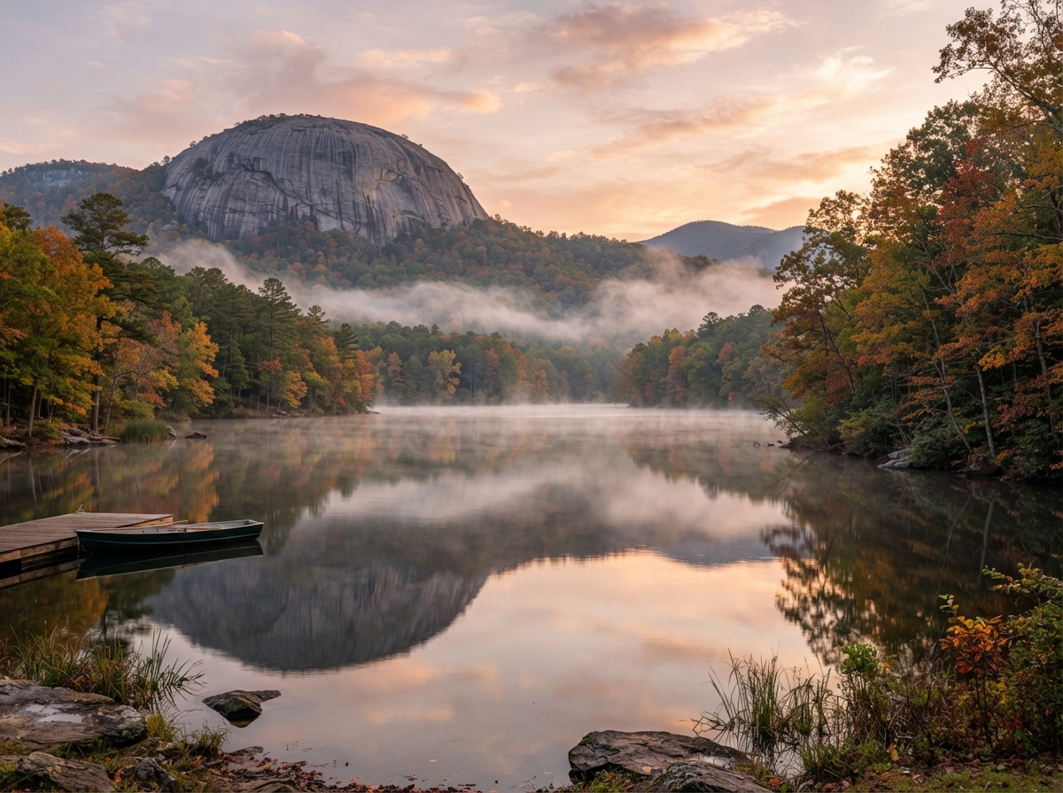 Table Rock Mountain reflected in a serene mountain lake at sunrise in Upstate South Carolina