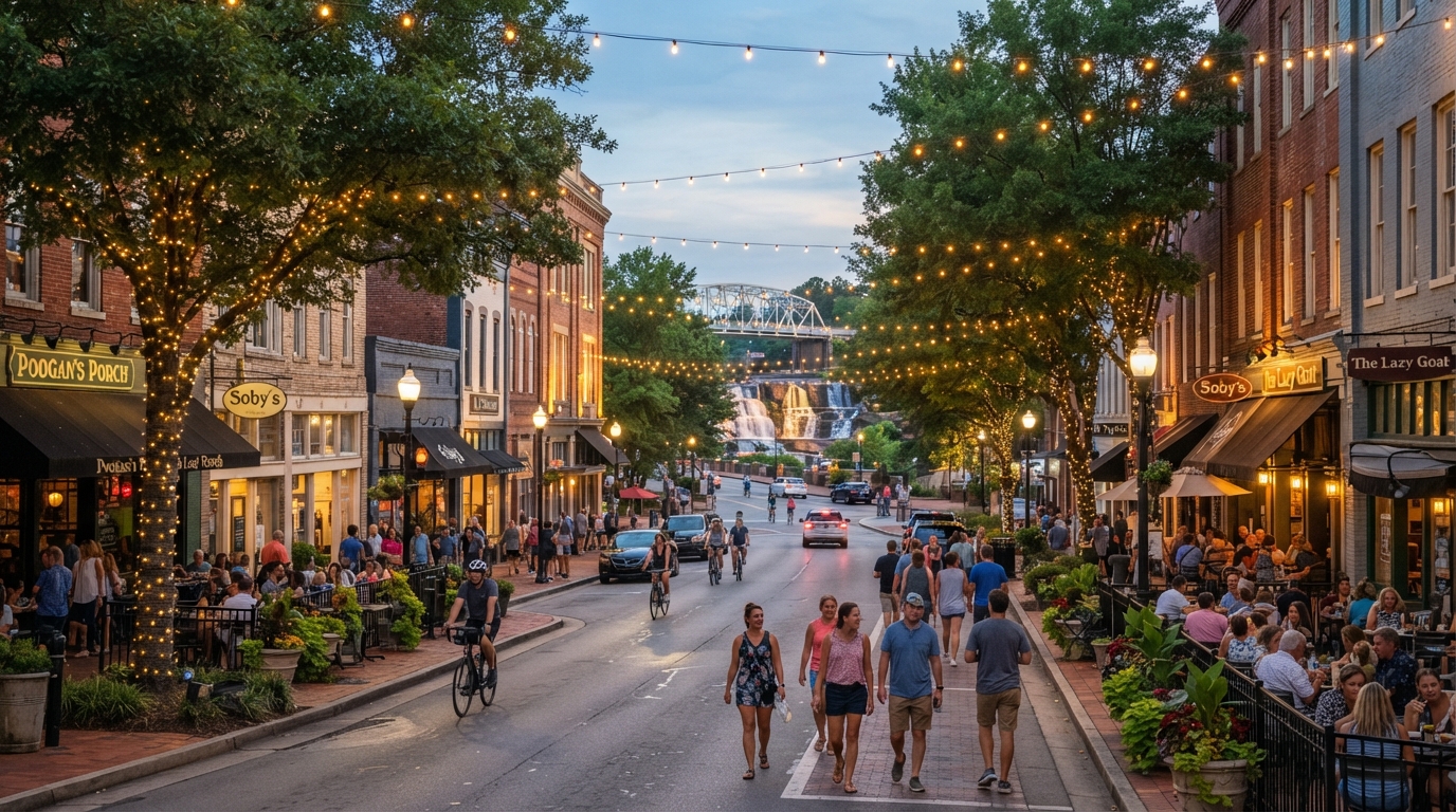 Downtown Greenville Main Street with tree-lined sidewalks, boutique shops, and outdoor cafes