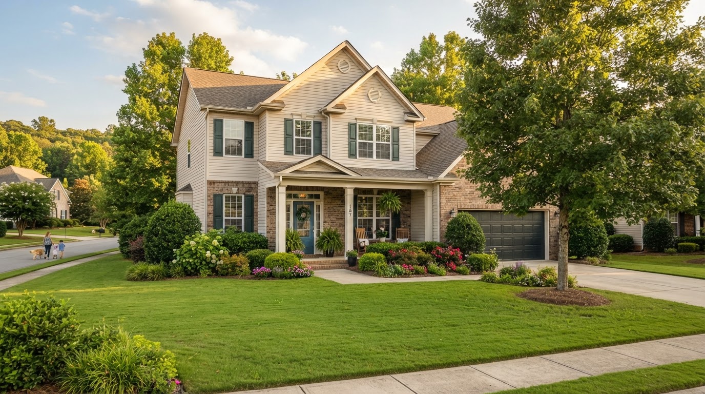 Affordable suburban family home with a green lawn in Upstate South Carolina