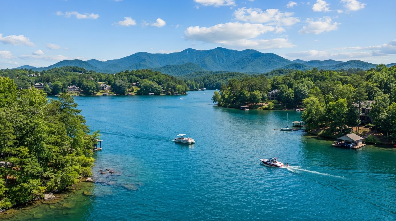 Lake Keowee with Blue Ridge Mountains in the background