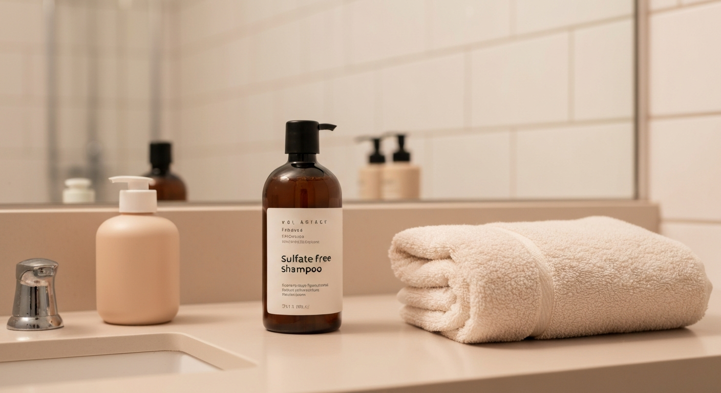 Bathroom counter scene with a bottle of sulfate-free shampoo and clean haircare setup