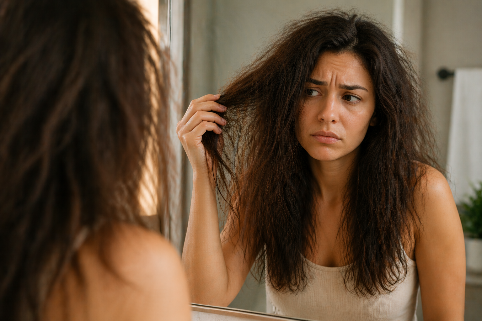 Woman looking in the mirror at her frizzy hair, wondering when to redo keratin treatment