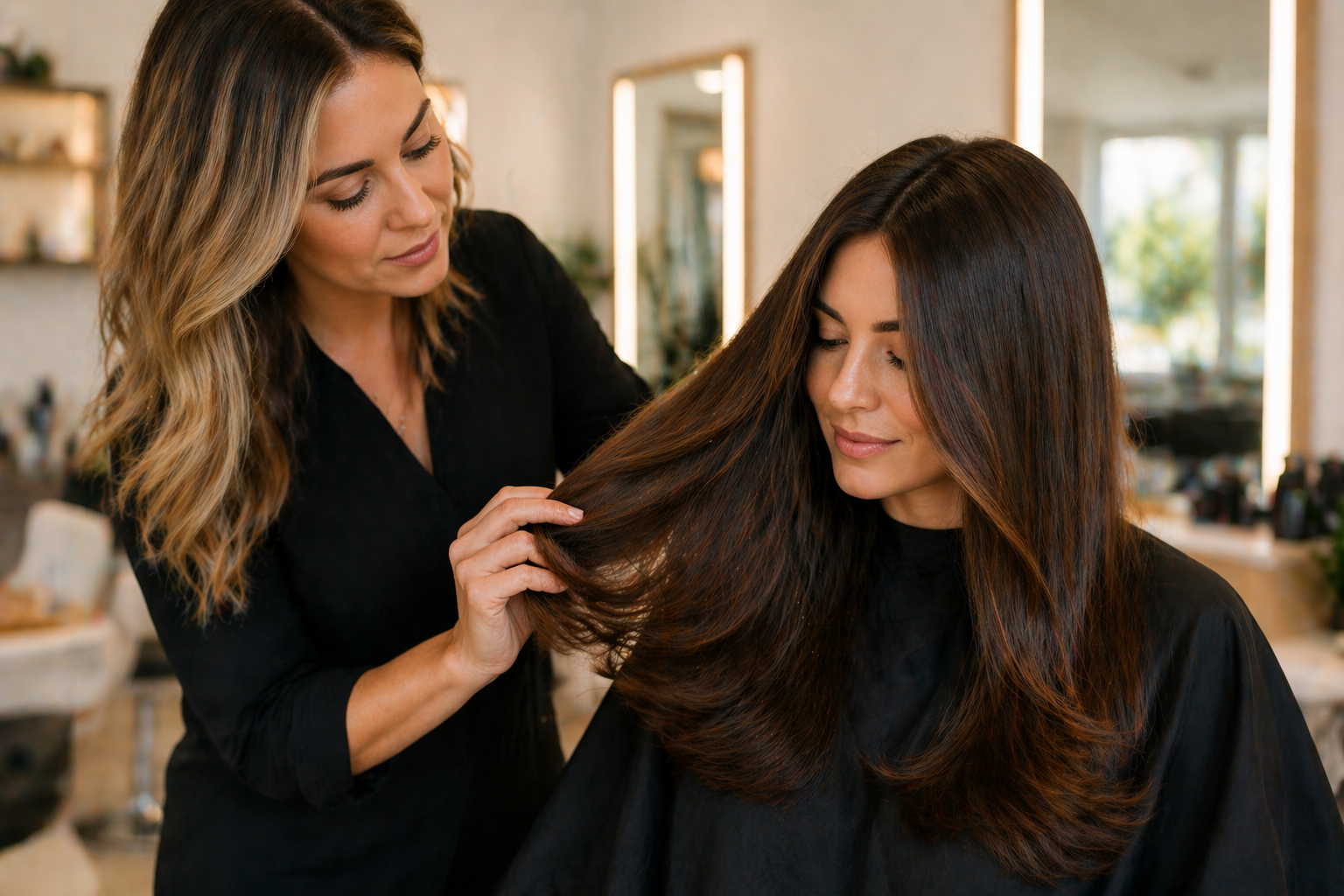 Stylist gently examining healthy, smooth hair in a bright salon