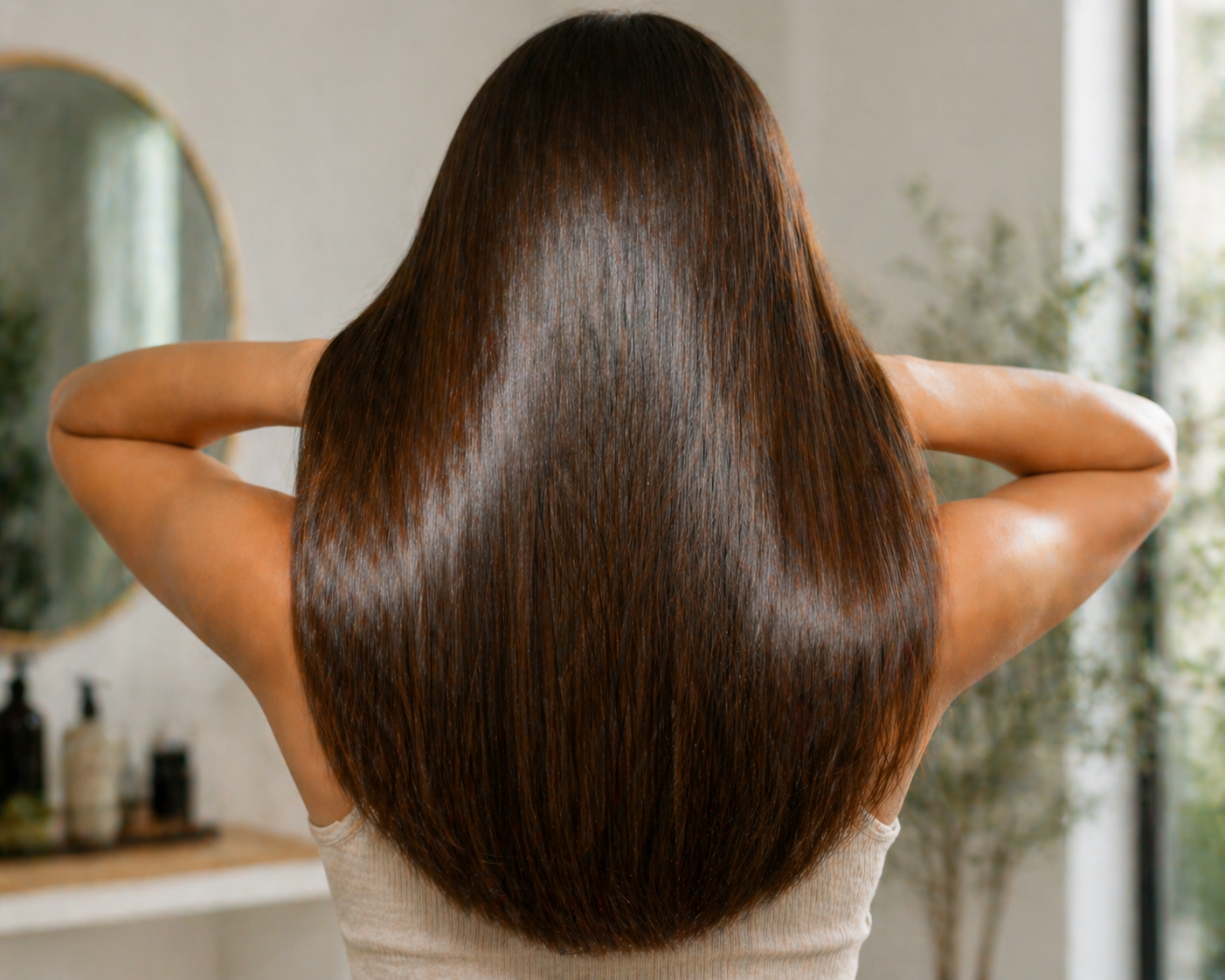 Smooth, shiny hair after keratin treatment, showing controlled texture and healthy shine