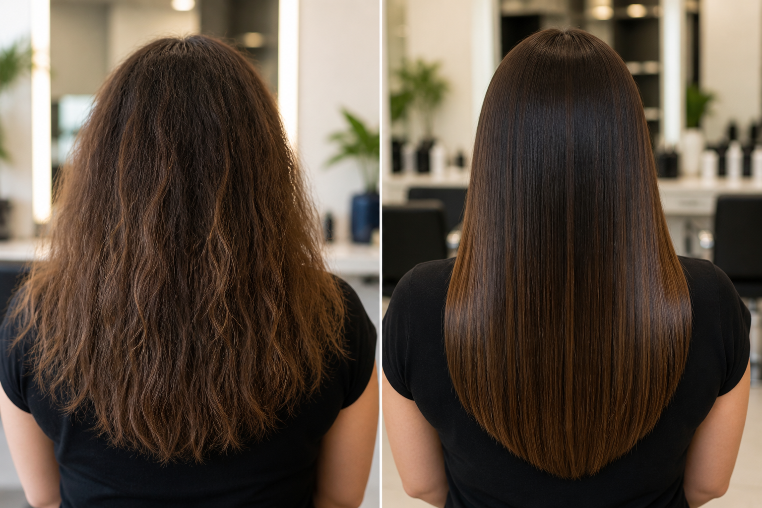 Smooth, frizz-free hair after keratin treatment, natural lighting