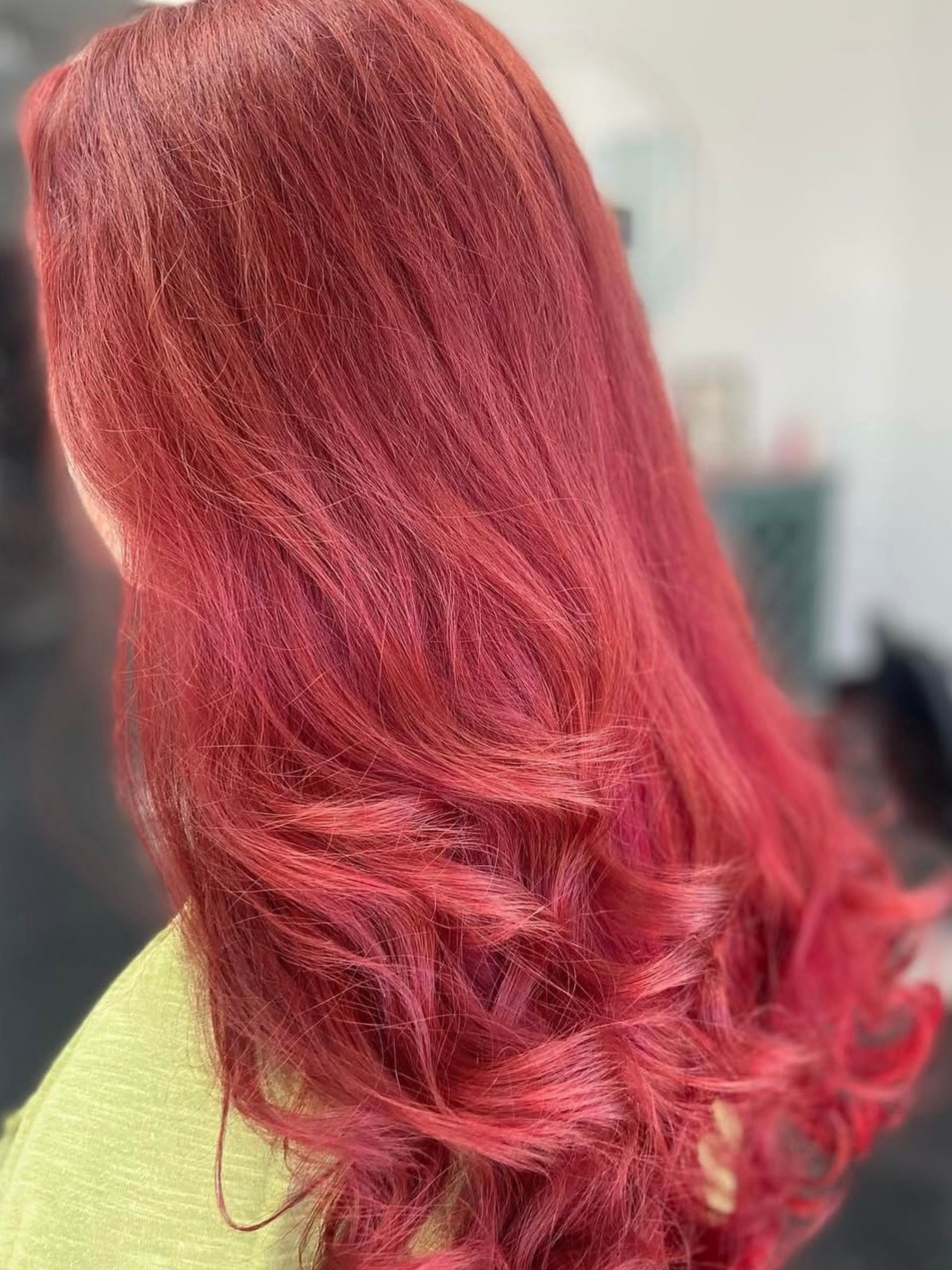 Vivid red fashion hair color transformation