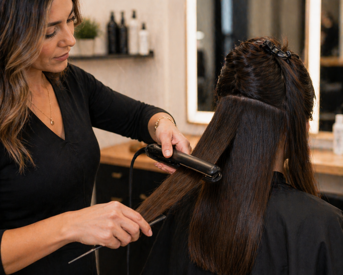 Stylist using a flat iron on hair in a controlled salon setting, focusing on technique and sectioning