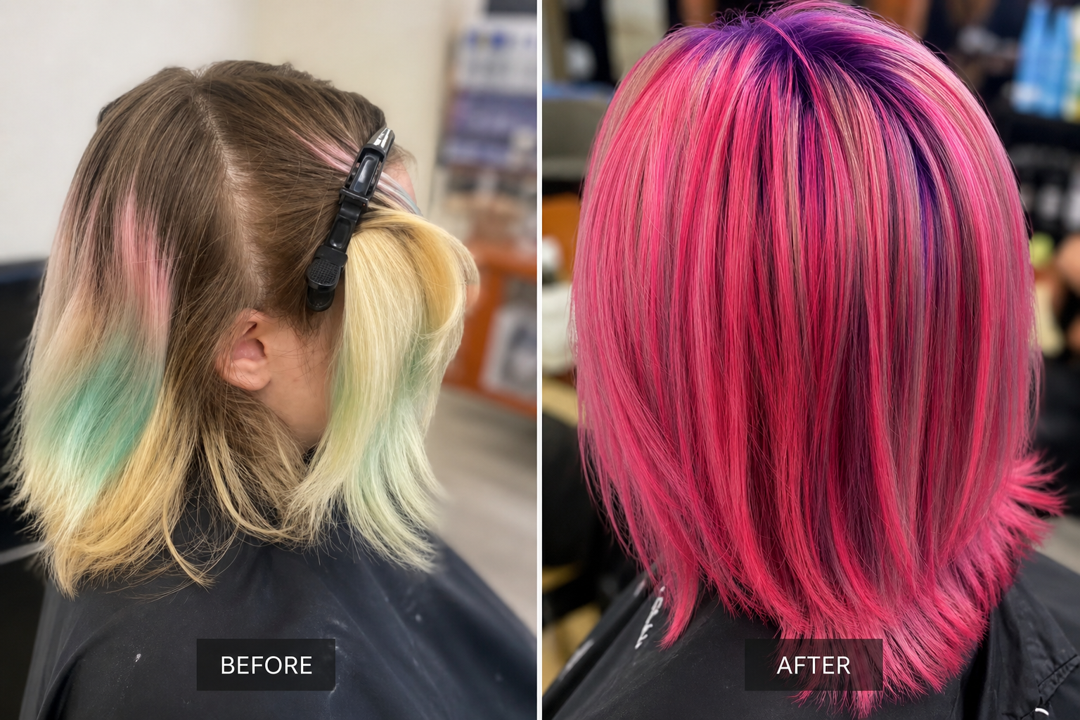 Before and after fashion color transformation showing vibrant pink and purple tones