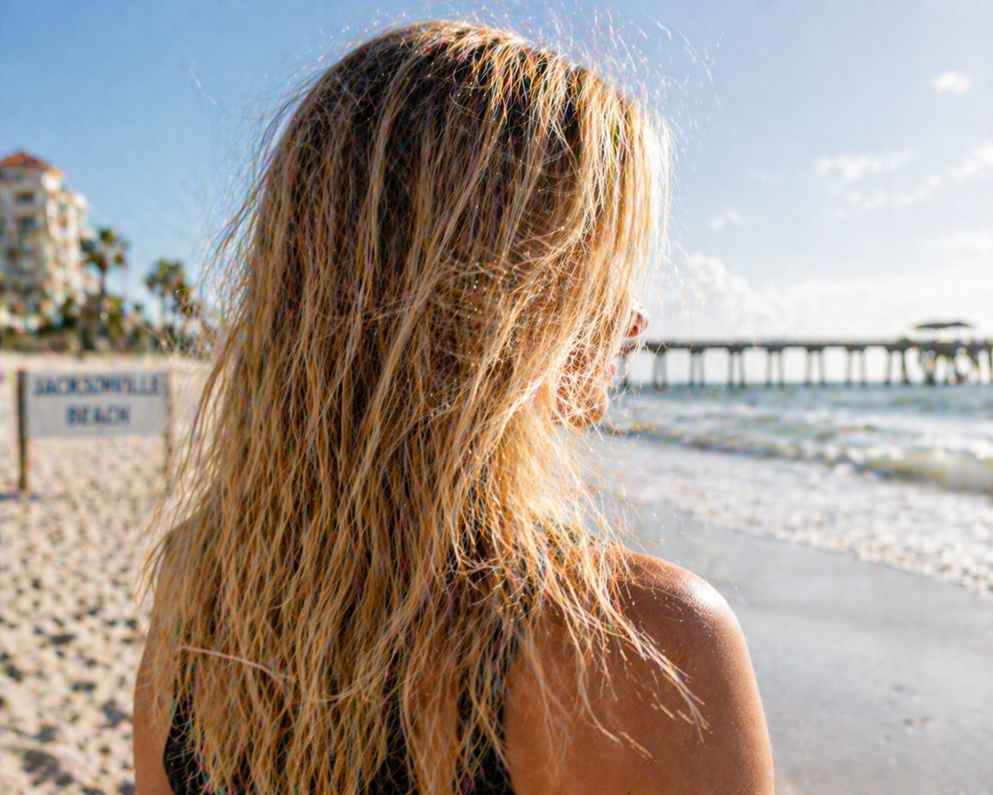 Outdoor sunlight hitting blonde hair, showing slight warmth developing