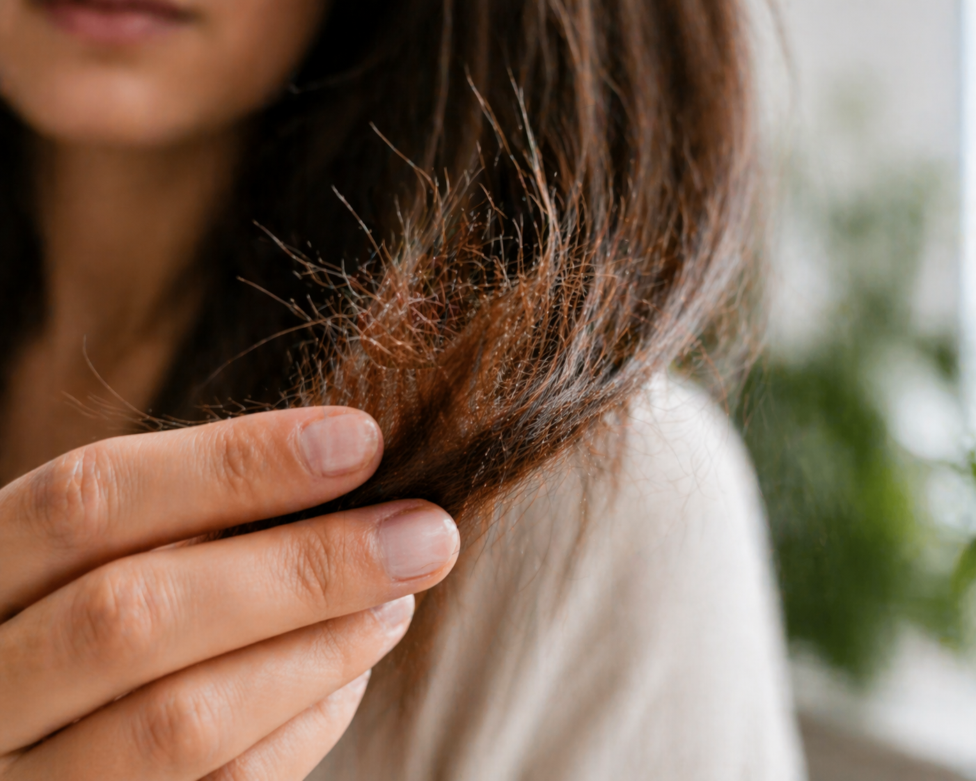 Close-up of fragile or overprocessed hair strands with slight breakage at the ends