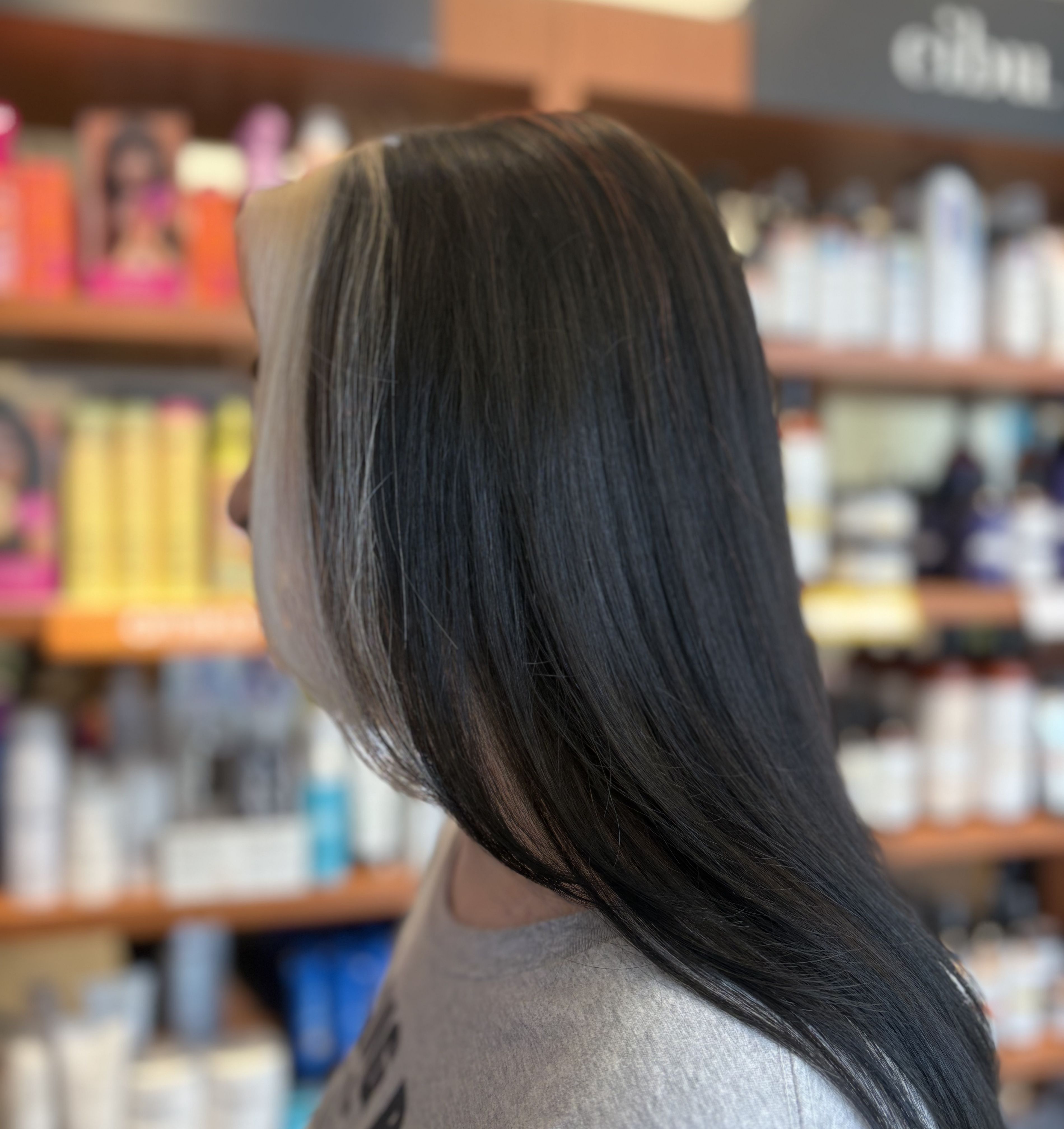 Side view showing rich black hair color