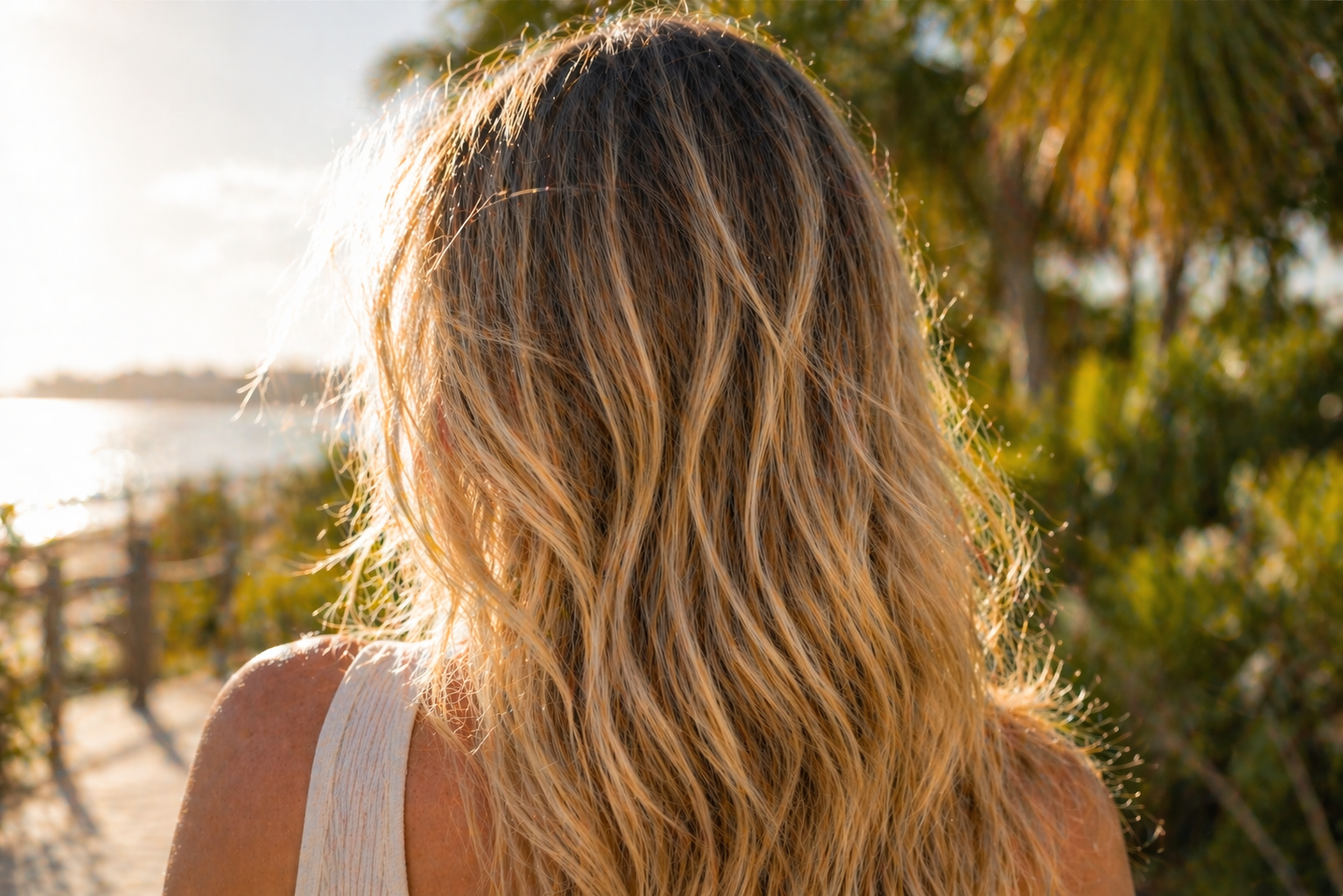 Woman with blonde highlights outside in the bright Florida sun