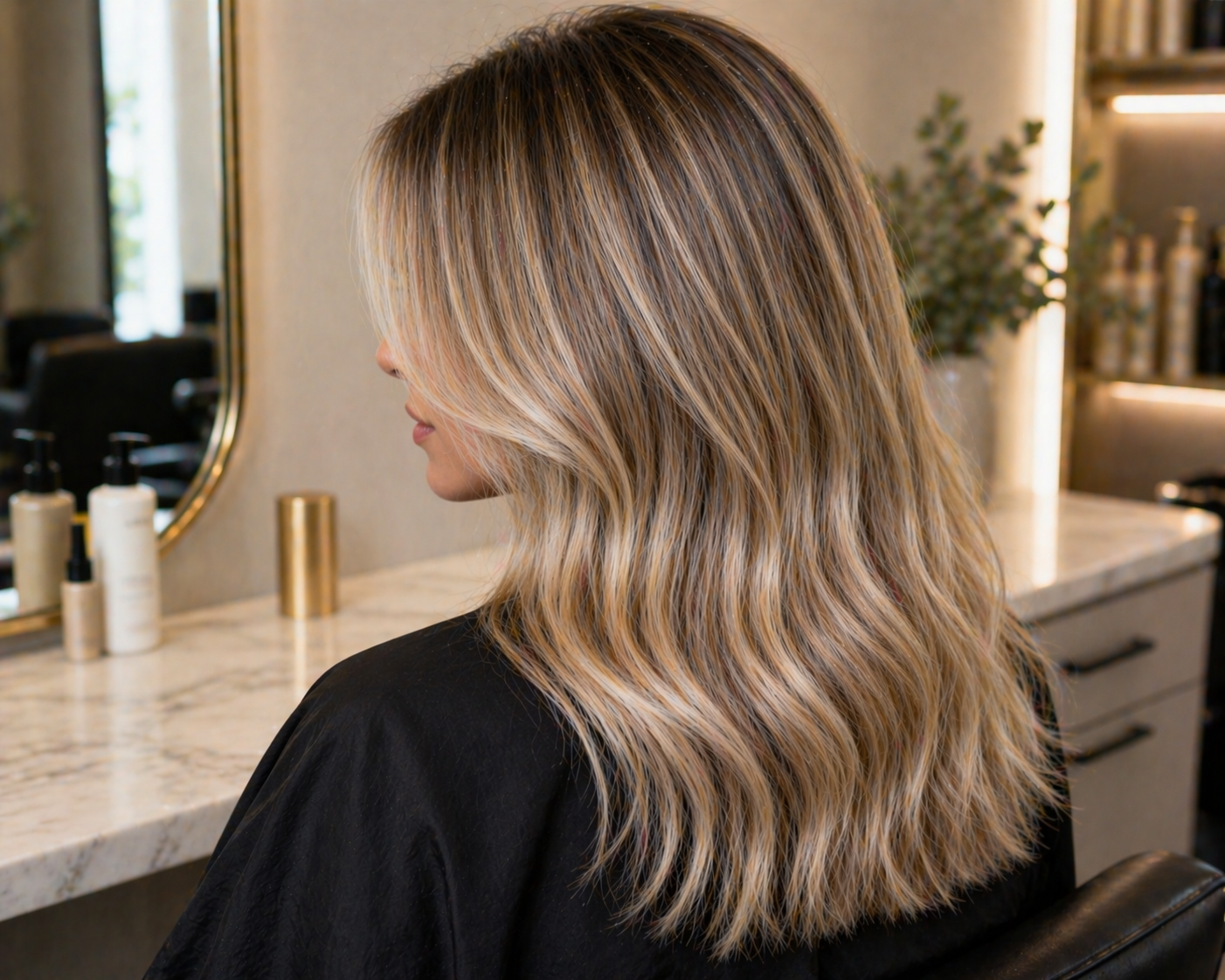Close-up of glossy, toned blonde hair with shine and smoothness