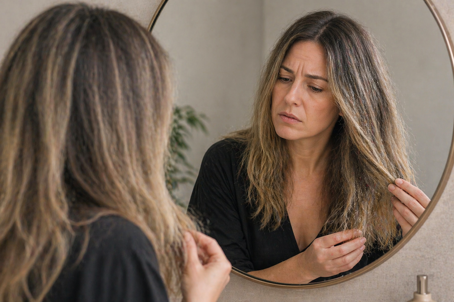Woman looking in mirror at dull hair affected by hard water