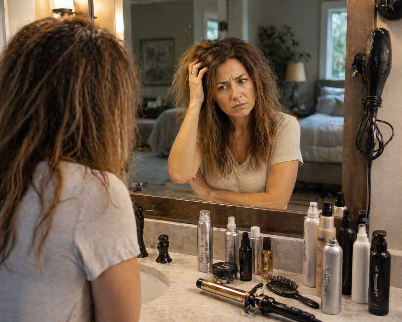 Woman looking in mirror with hair products, representing everyday habits that affect hair color