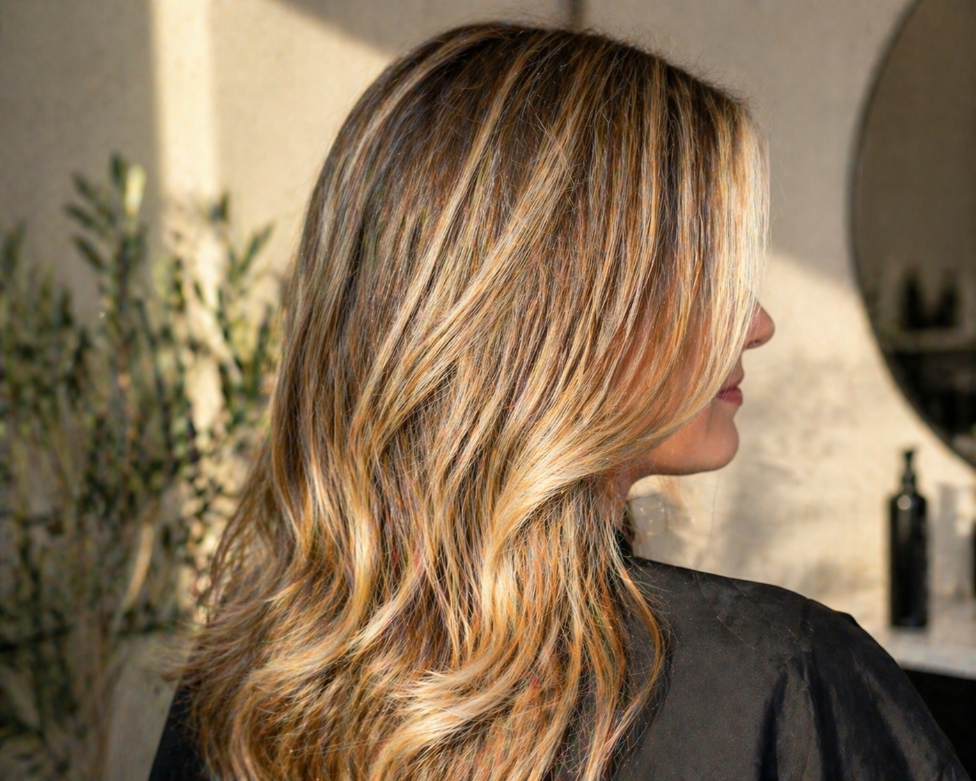 Blonde highlights showing slight warmth in natural sunlight