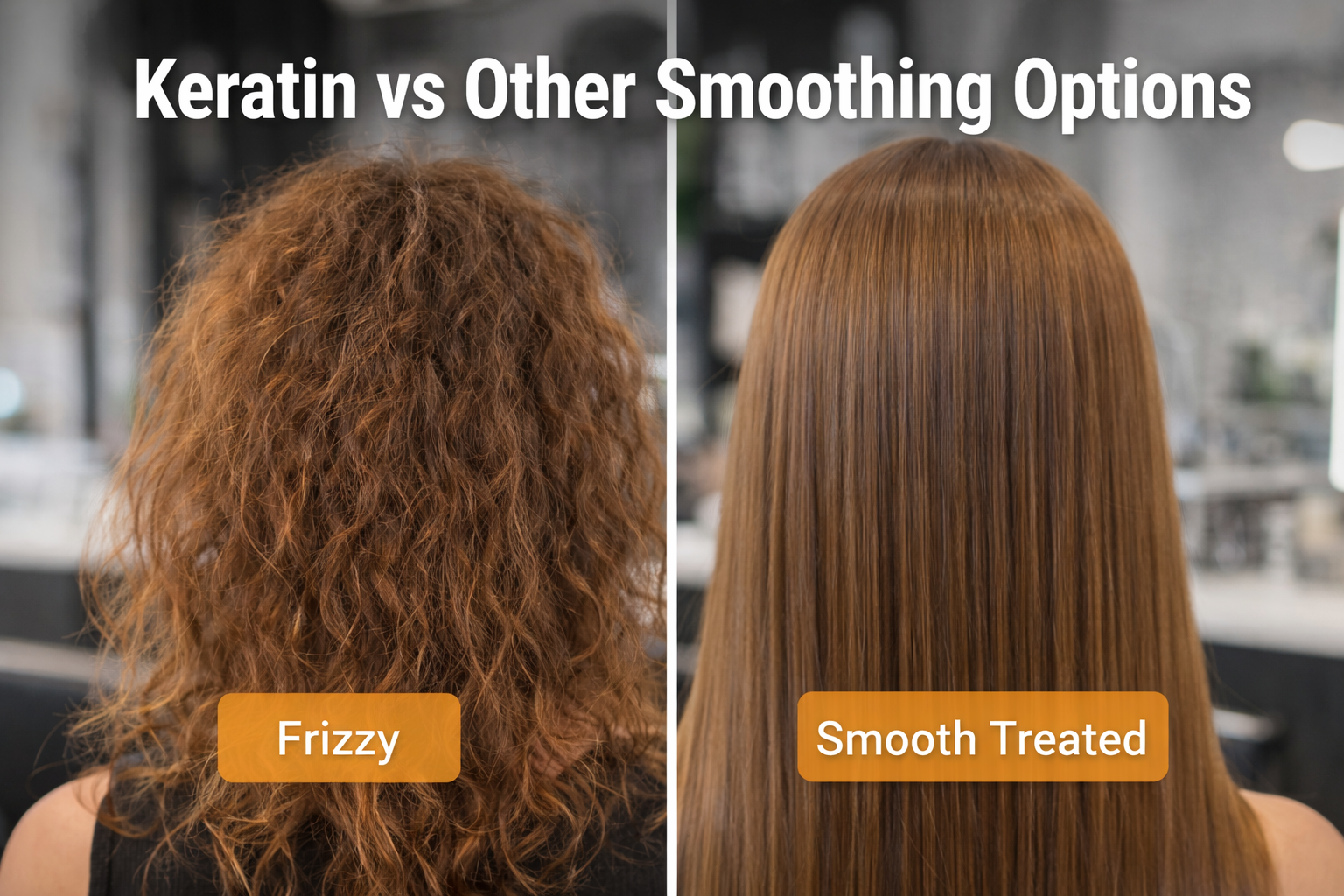 Side-by-side comparison of frizzy hair vs smooth treated hair