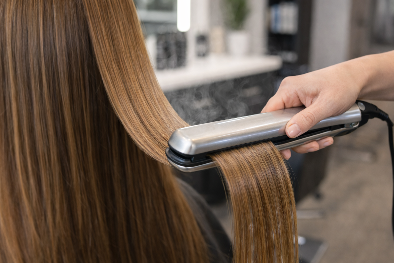 Stylist applying heat to smooth hair during a keratin treatment process