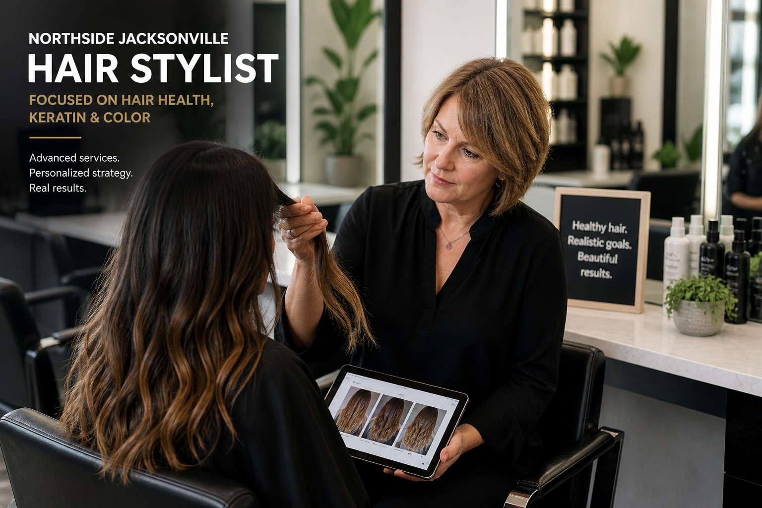 Tammy Aponte consulting with a client about hair health, keratin, and color