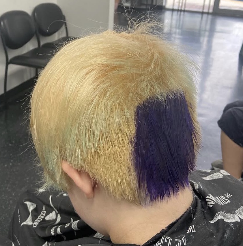 Before photo showing uneven faded hair color prior to a vivid blue color correction