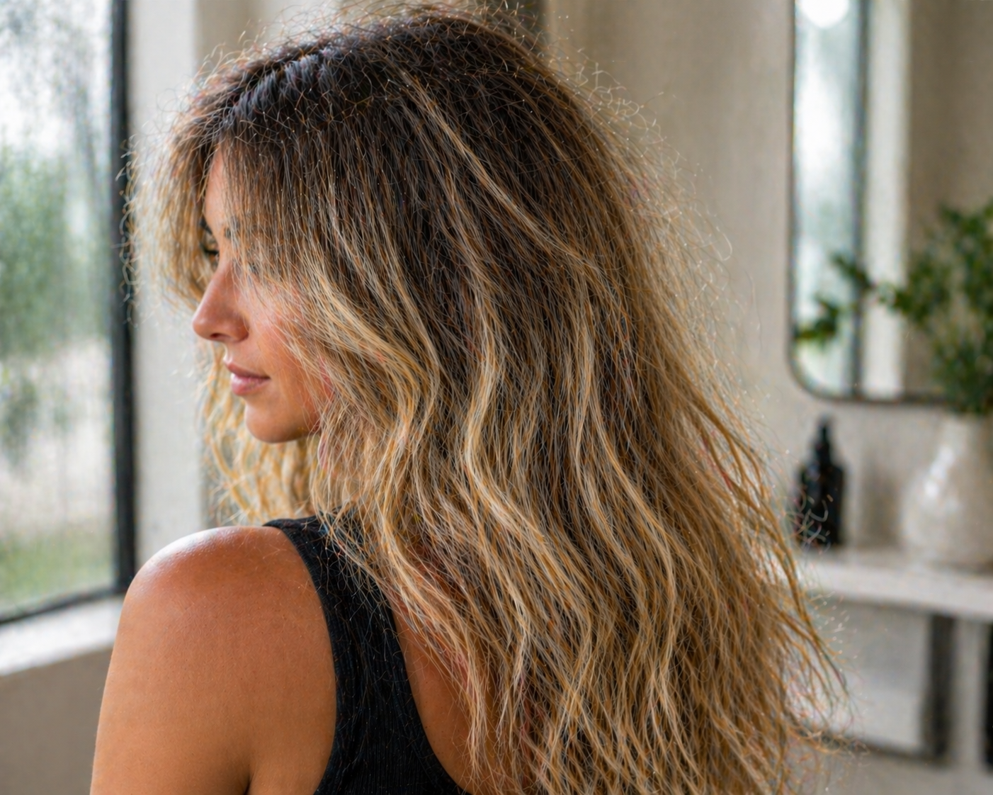Woman with blonde highlights in a humid environment showing natural texture