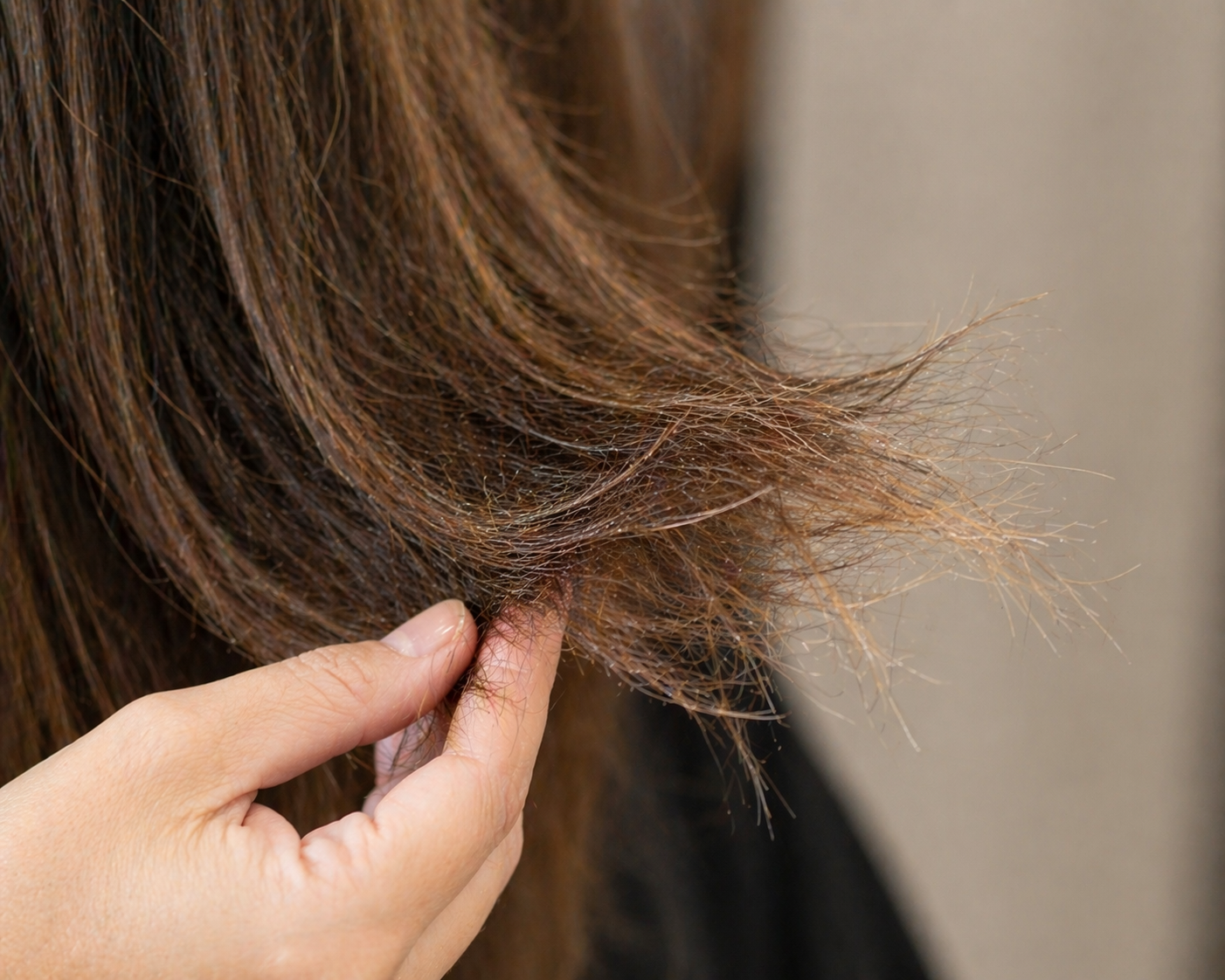 Close-up of hair ends showing visible dryness and split ends, indicating overprocessed hair