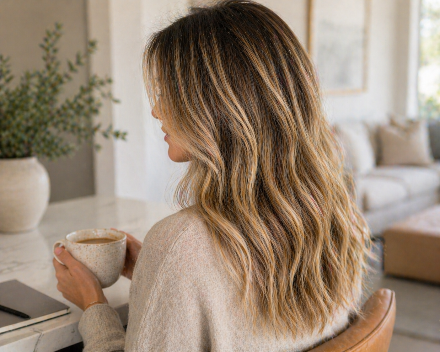 Woman with soft balayage-style highlights and natural grow-out