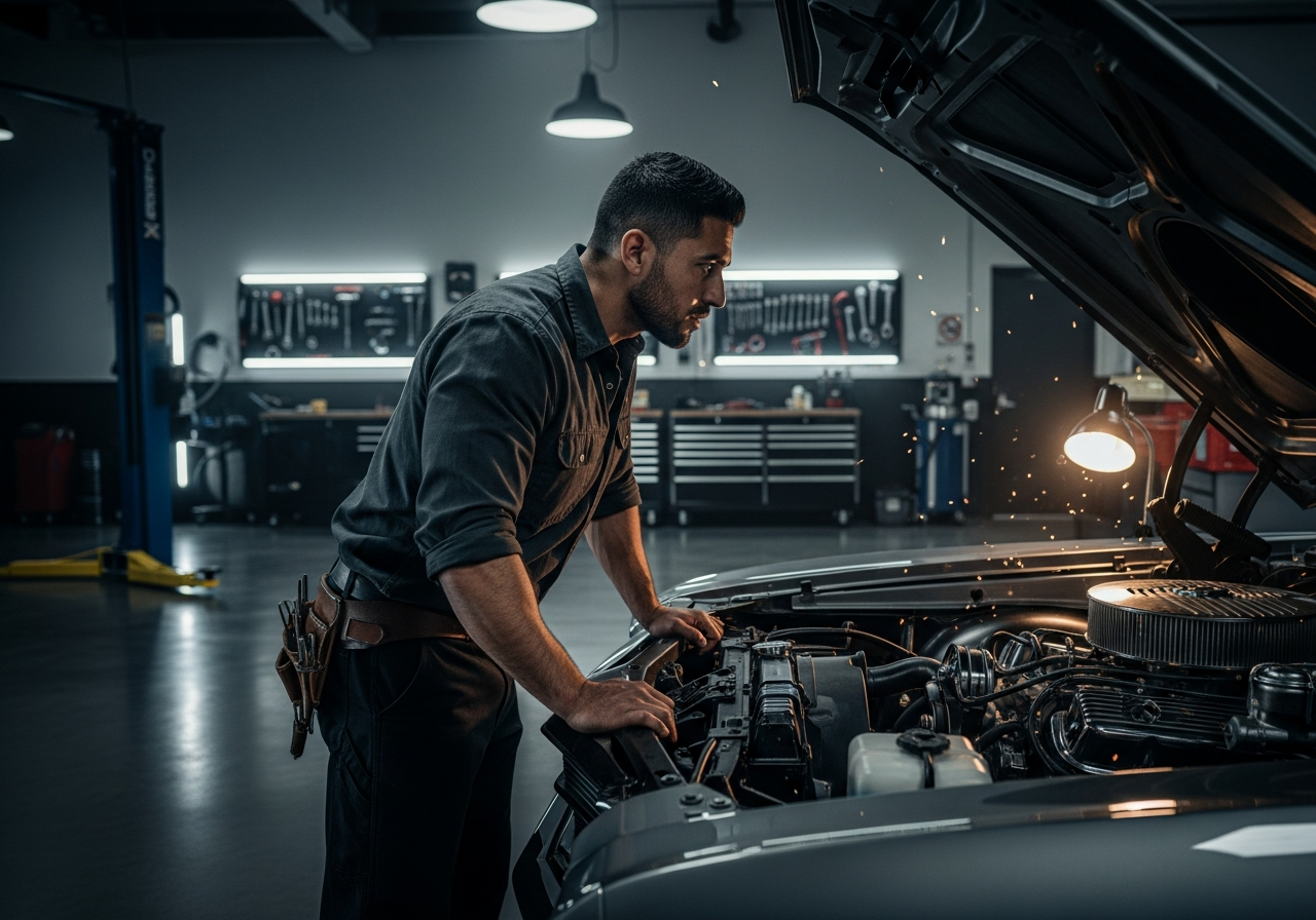 Mechanic inspecting under the hood