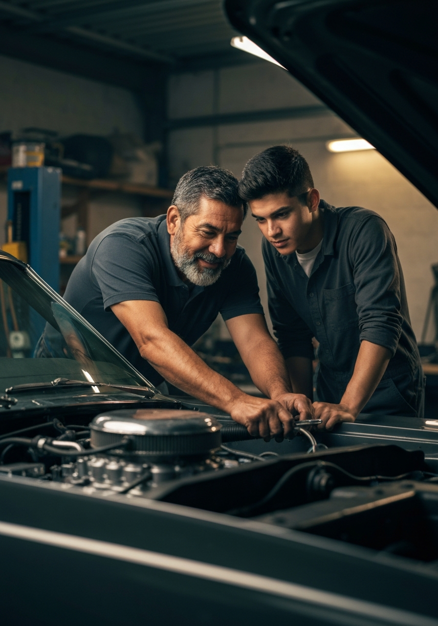 Generations working on a classic car