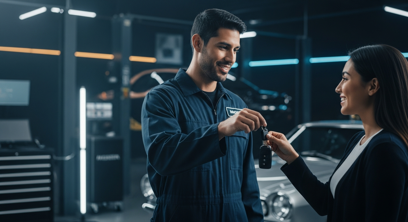 Zam Automotive mechanic handing car keys to a customer