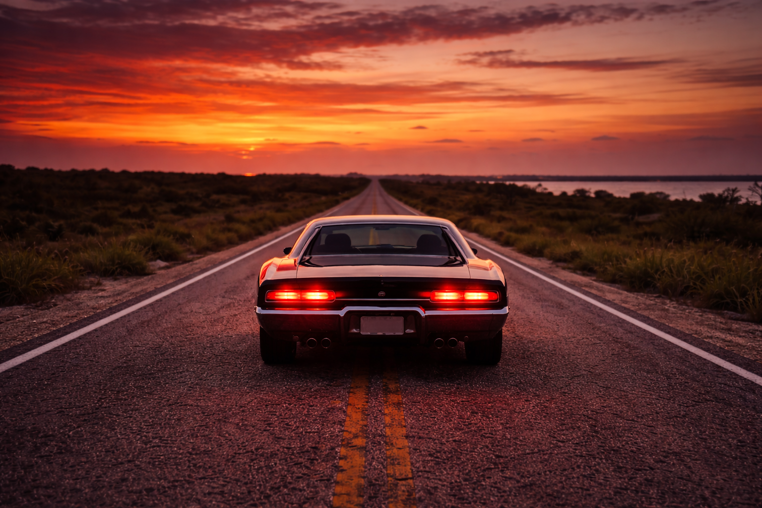 Classic car on a Coastal Bend highway at sunset
