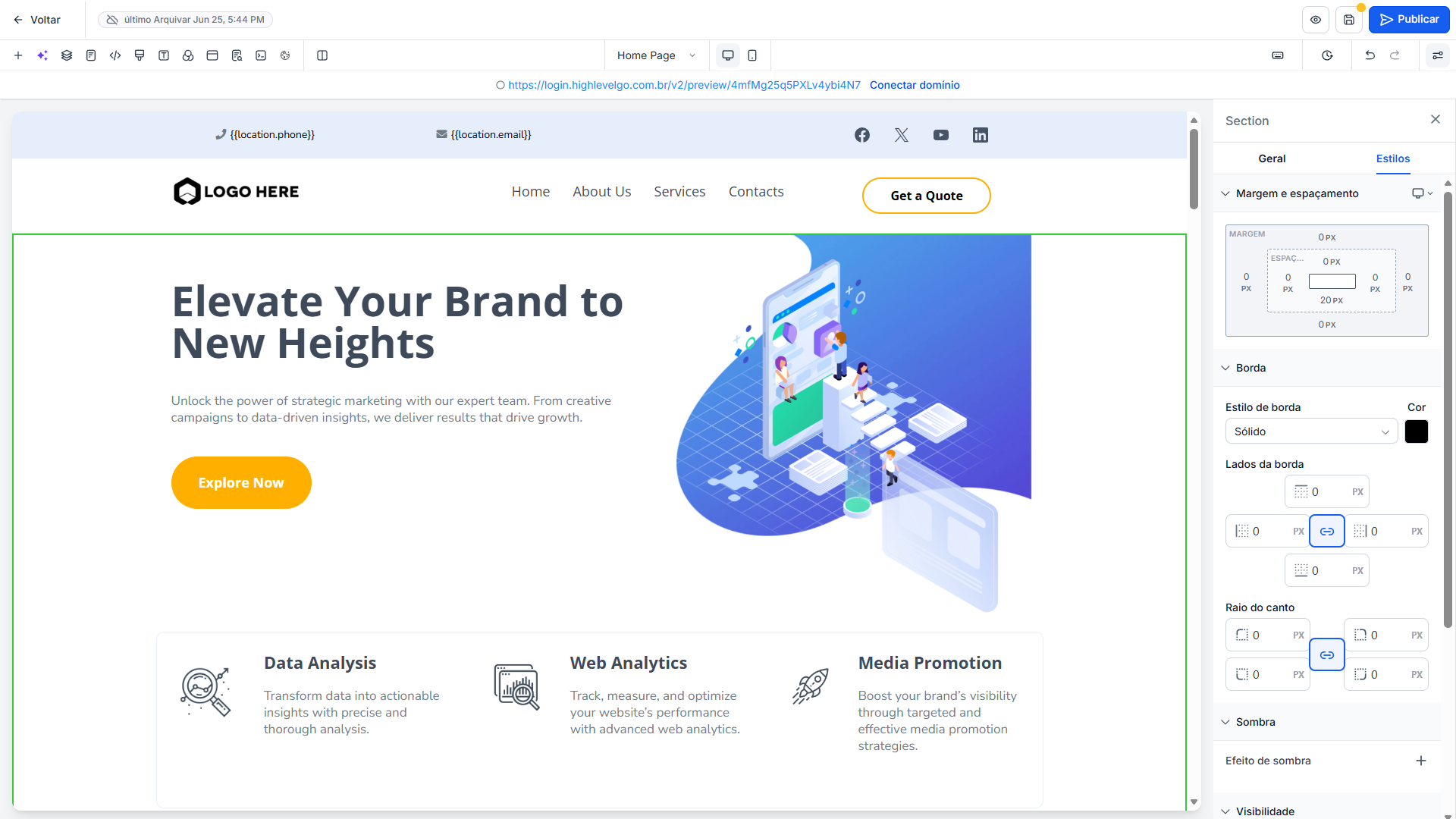 Interface do Construtor de Sites High Level