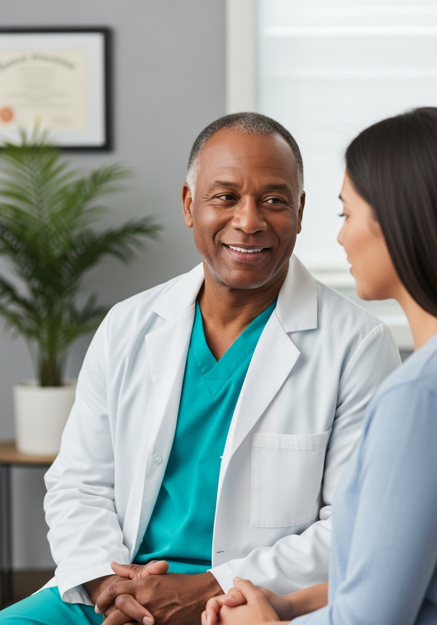Doctor afroamericano maduro consultando con una paciente hispana