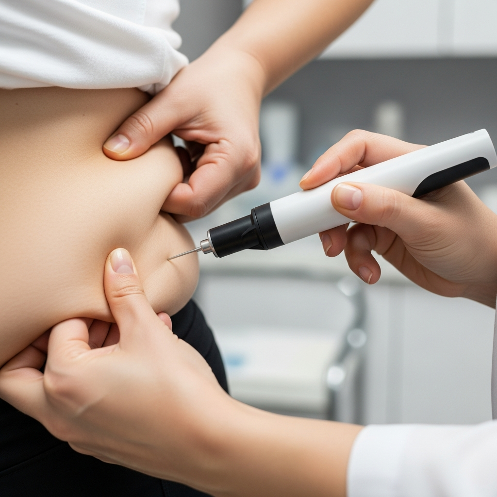 Paciente con sobrepeso inyectando medicamento para pérdida de peso en el costado de su abdomen, pellizcando la piel