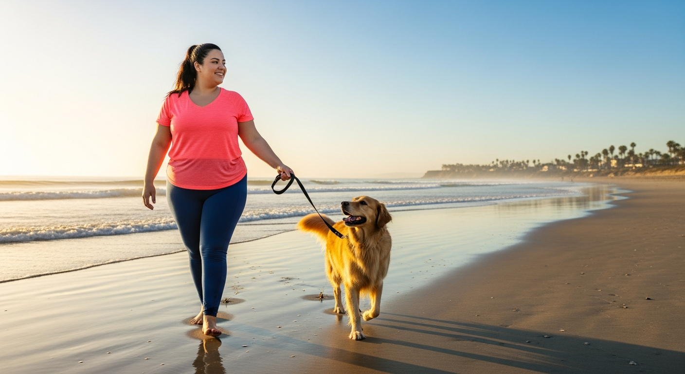 Young obese Hispanic woman walking dog on the beach during morning exercise