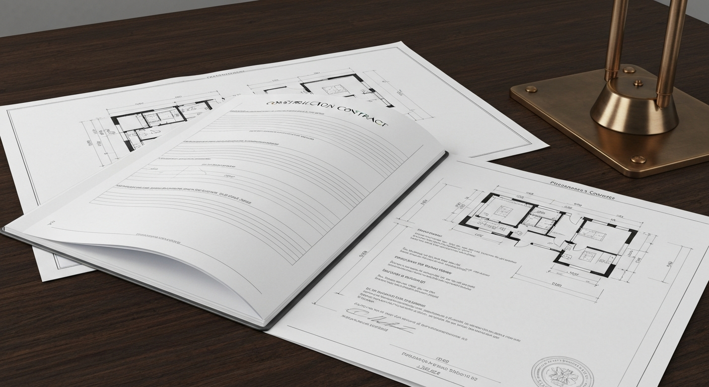 Professional construction contract and blueprints