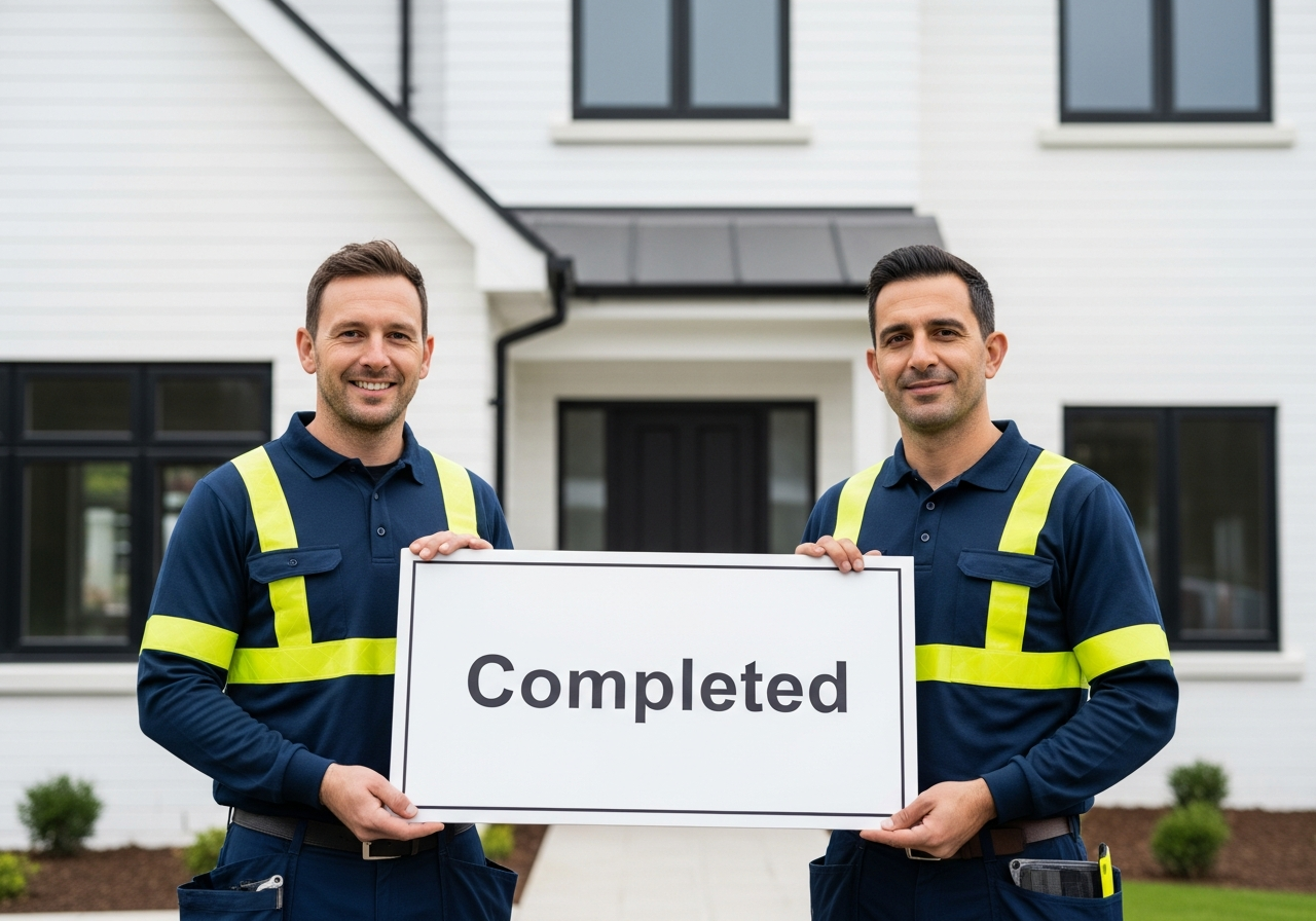 Two professional construction workers in front of a renovated house holding a Completed placard