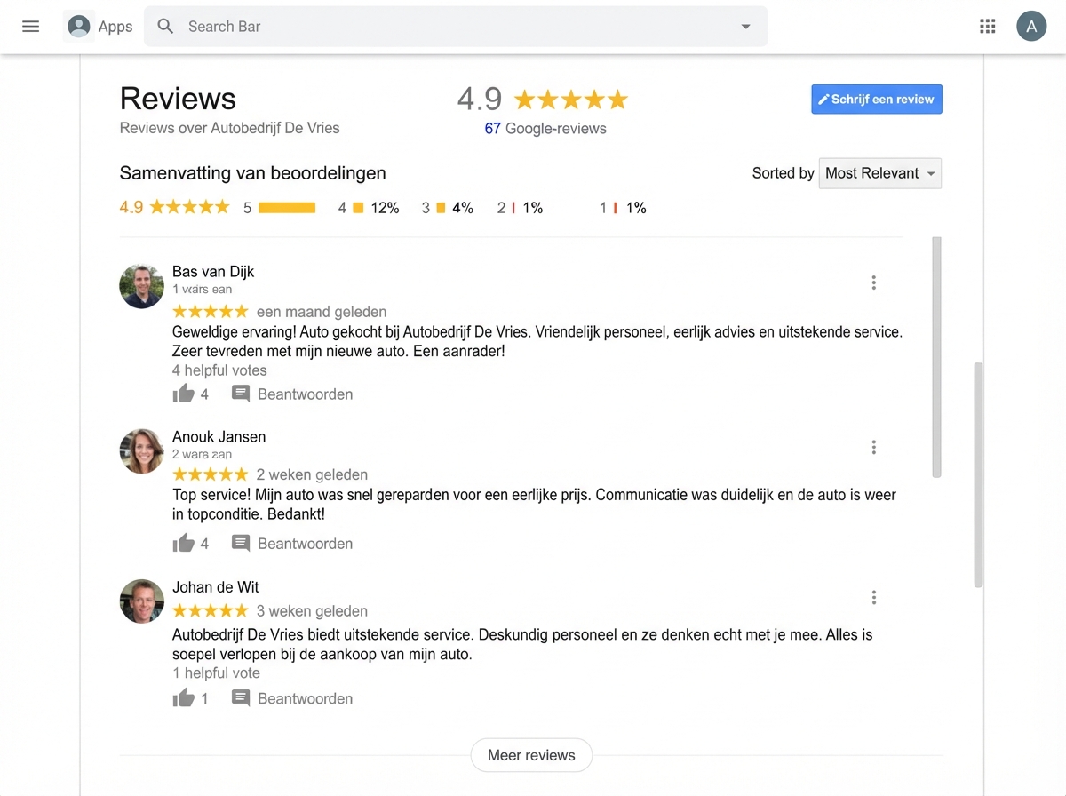 Google review screenshot met 4.9 sterren en 67 reviews van Autobedrijf De Vries