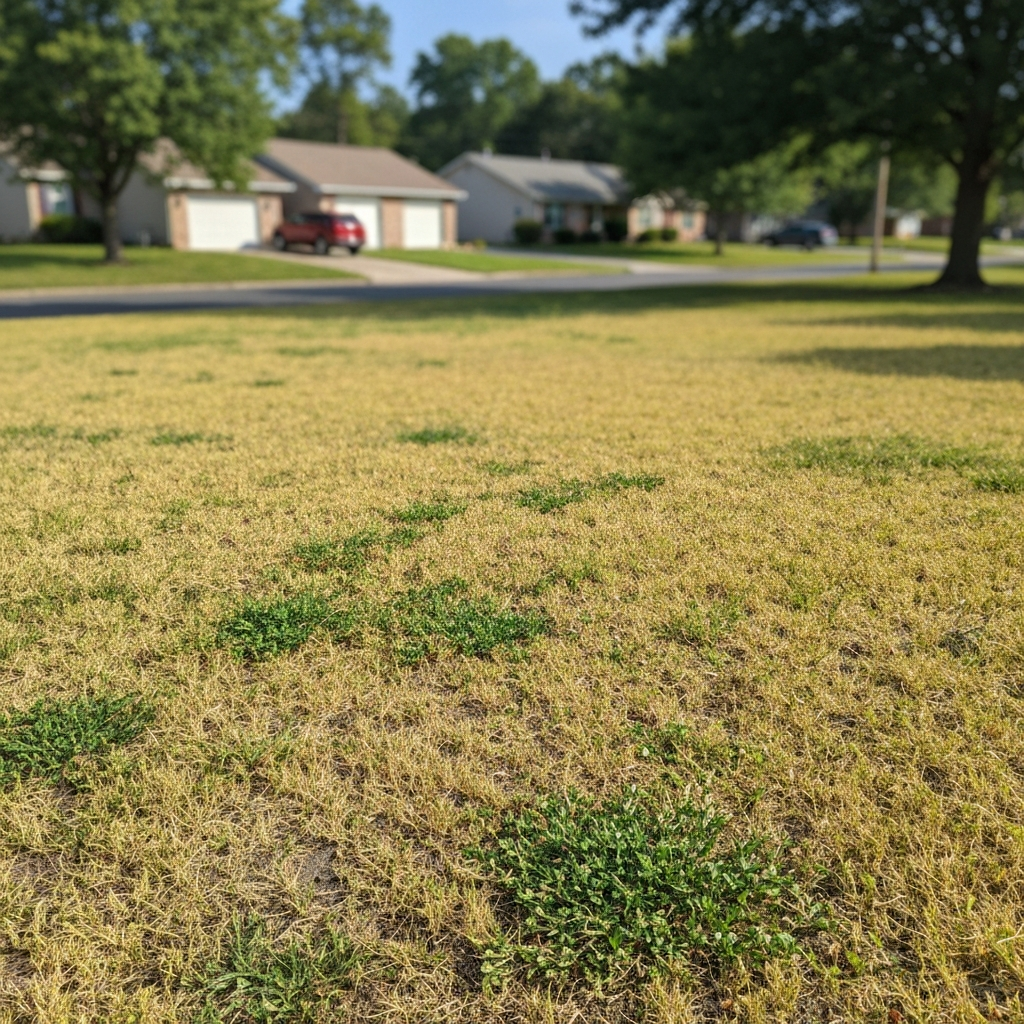 Patchy, yellowing lawn with weeds