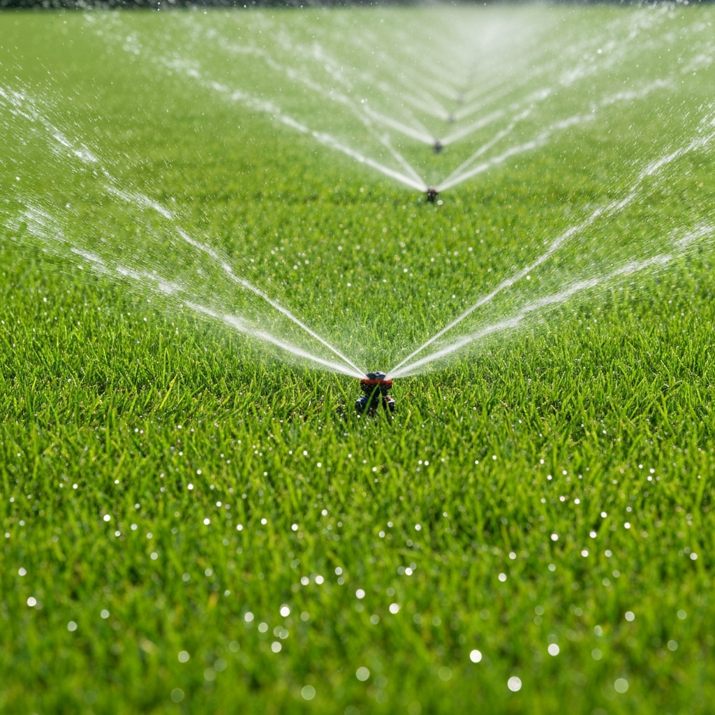 Sprinkler watering a lush green lawn