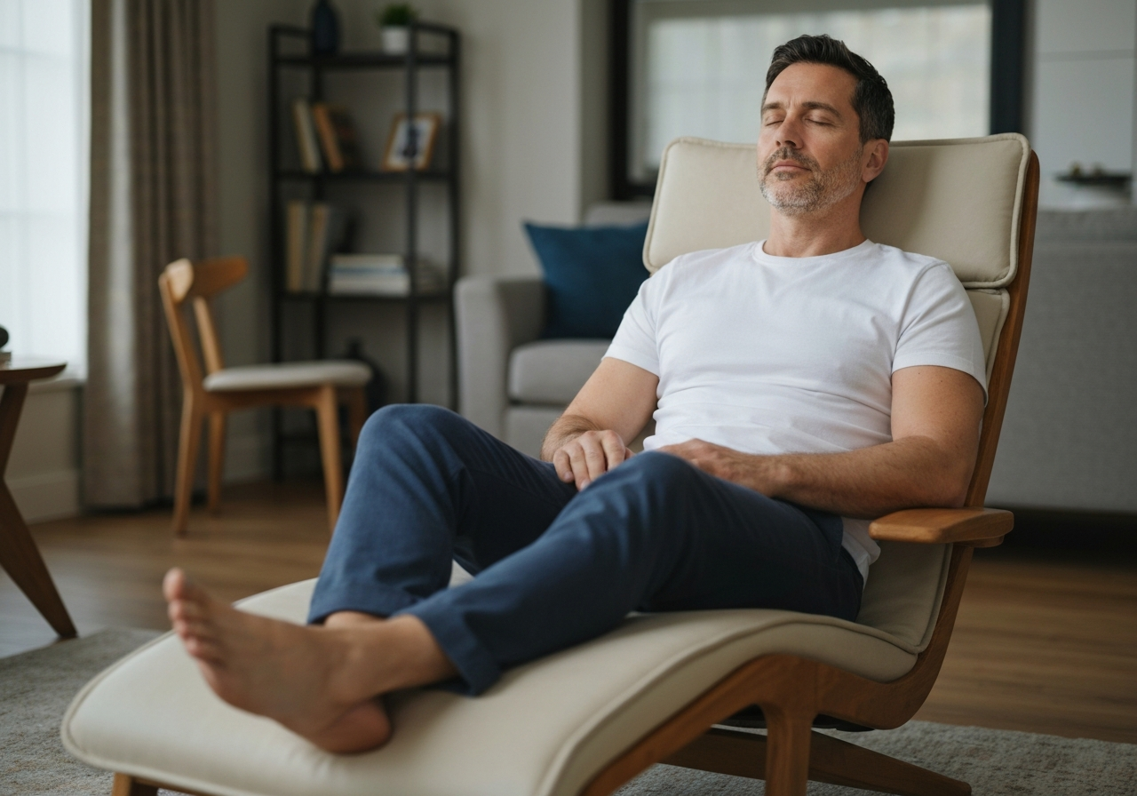 Man in his late 40s meditating relaxedly in a comfortable lounge chair at home