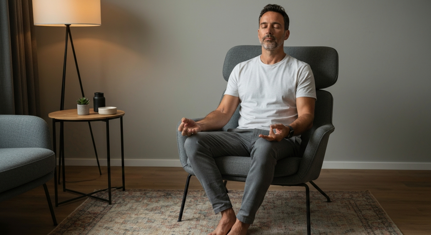 Male meditating in a chair in a lounge room